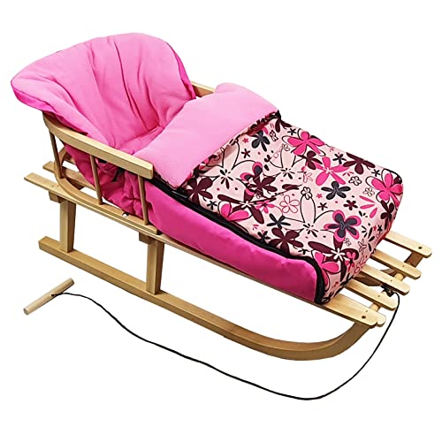 Kombi-Angebot [Holz-Schlitten + universaler Winterfußsack 108cm] Rodel mit Rückenlehne und Zugseil Fußsack geeignet für Babyschale Kinderwagen Buggy mit Thermofleece (Blumen rosa pink) von Rawstyle