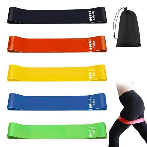 5er Set Fitnessbänder, 5 Verschiedene Stärken Widerstandsbänder, Fitnessband 100% Naturlatex mit Tragebeutel, Naturlatex Gymnastikband für Muskelaufbau/Yoga/Pilates/Physiotherapie/Stretching/Gymnastik von Raykce