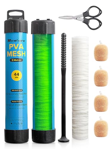 Realure 5M PVA Netz Angeln Set mit Schere, 18/25/37/44mm Breit PVA Mesh Karpfen Zubehör mit Trichter & Stößel System, Schnelles Schmelzen PVA Beutel Angeln PVA Bags für Boilie Köder Futter von Realure