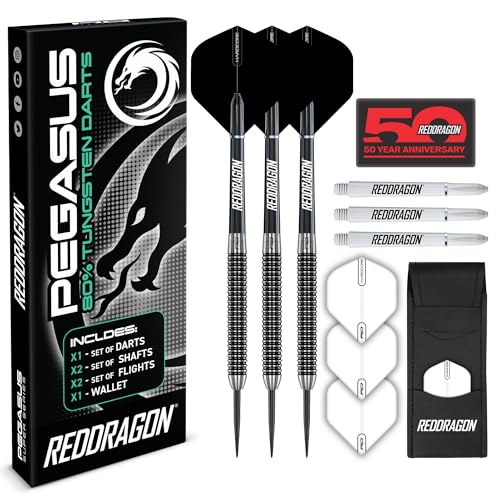 RED DRAGON Pegasus Professionelles Wolfram-Steeltip-Dart-Set, erhältlich in 21, 23, 24, 25, 26, 28, 30 Gramm, mit Flights, Schäften (Schäften) und Tasche (Schwarz 21G, 1) RED DRAGON Pegasus Professionelles Wolfram-Steeltip-Dart-Set, erhältlich in 21, 23, 24, 25, 26, 28, 30 Gramm, mit Flights, Schäften (Schäften) und Tasche (Schwarz 21G, 1) von RED DRAGON