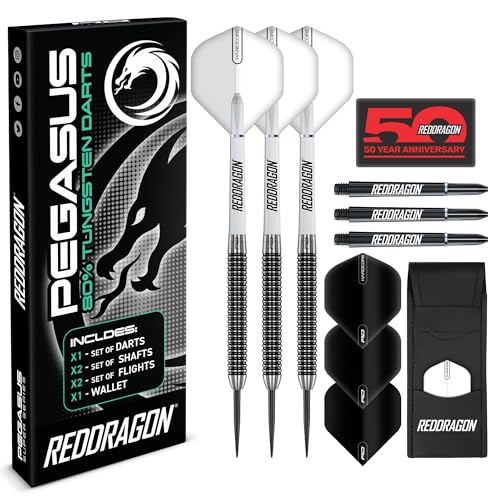 RED DRAGON Pegasus Professionelles Wolfram-Steeltip-Dart-Set, erhältlich in 21, 23, 24, 25, 26, 28, 30 Gramm, mit Flights, Schäften (Schäften) und Tasche (Weiß 23G, 2) RED DRAGON Pegasus Professionelles Wolfram-Steeltip-Dart-Set, erhältlich in 21, 23, 24, 25, 26, 28, 30 Gramm, mit Flights, Schäften (Schäften) und Tasche (Weiß 23G, 2) von RED DRAGON