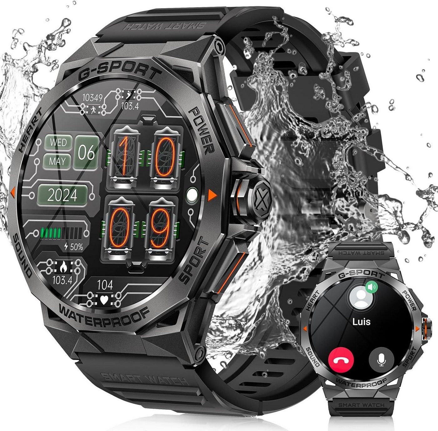 Redriver Herren's Anrufe tätigen/empfangen Fitness-Tracker IP68 wasserdichter Smartwatch (1,43 Zoll, Android/iOS), mit 100+ Sportmodi Pulsmesser Schlafmonitor Schrittzähler Sport modus von Redriver