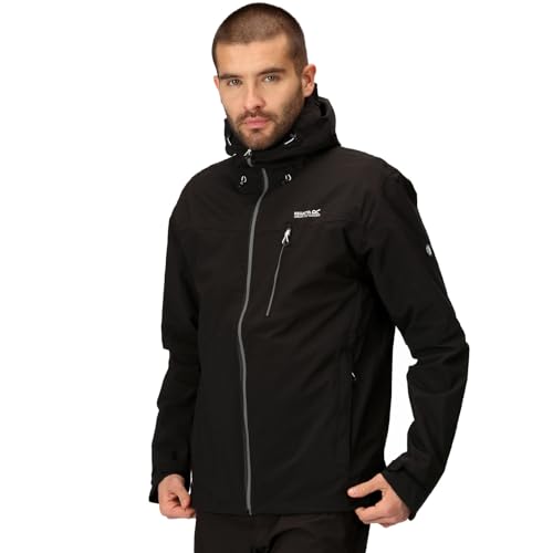 Regatta Birchdale, wasserdicht und atmungsaktiv, mit versiegelter Kapuze, für Wandern, aktives Wandern, wasserdicht, für Herren, Schwarz/Magnet, XL Regatta Birchdale, wasserdicht und atmungsaktiv, mit versiegelter Kapuze, für Wandern, aktives Wandern, wasserdicht, für Herren, Schwarz/Magnet, XL von Regatta