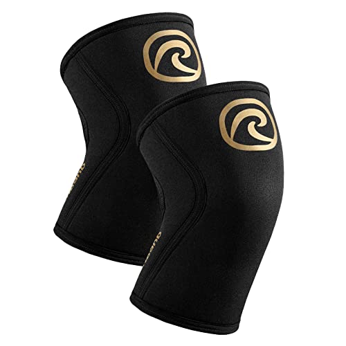 Rehband Kniebandage Kraftsport, Kniestütze für Cross Fit & schweres Training, Knee Sleeve aus 5 mm Neopren, in vielen Farben & Größen, Unisex, Farbe:Gold/Schwarz - 1 Paar, Größe:L von Rehband