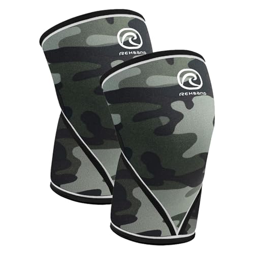 Rehband V-Kniebandage für Kraftsport 7mm aus SBR/Neopren, wettkampfgeeignet Powerlifting Bandage, Knee Sleeves Gym, Crossfit, Fitness & Gewichtheben, Farbe:Camo - 1 Paar, Größe:XL von Rehband