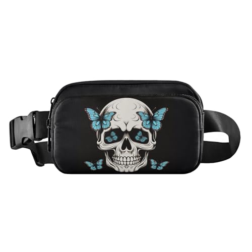 Gürteltasche für Damen und Herren, Motiv: blauer Schmetterling mit Totenkopf, mit verstellbarem Gurt, Gürteltasche für Reisen, Workout, Wandern, mehrfarbig, Einheitsgröße von Reiacy