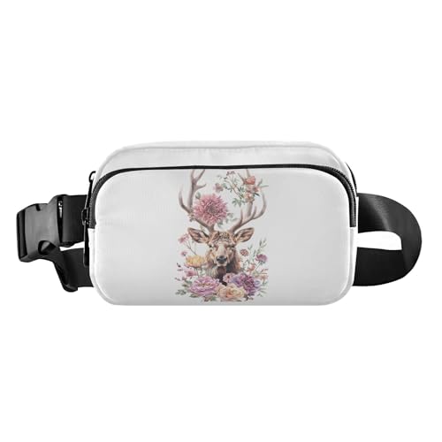 Gürteltasche mit Hirsch mit schönem Blumenmuster für Damen und Herren, Crossbody-Taillenbeutel mit verstellbarem Gurt, Gürteltasche für Reisen, Workout, Wandern, mehrfarbig, Einheitsgröße von Reiacy