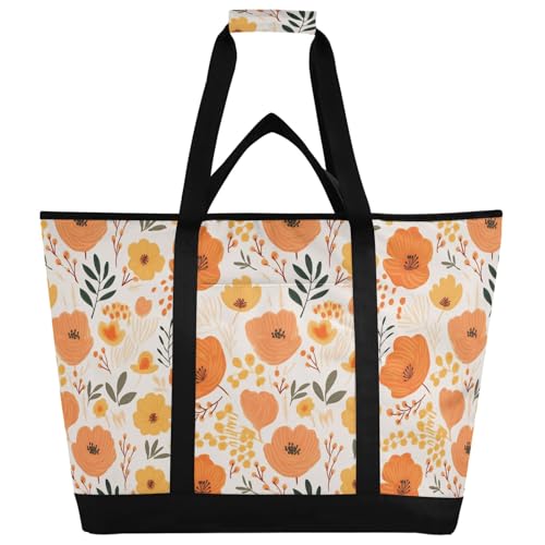 Isolierte Kühltasche mit Cartoon-Motiv, süße orangefarbene Blume, wiederverwendbare Einkaufstaschen mit Reißverschluss, tragbare große Kühltasche für Reisen oder Camping von Reiacy