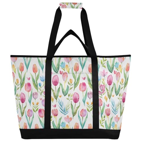 Isolierte Kühltasche mit buntem Aquarell-Tulpenmuster, wiederverwendbare Einkaufstasche mit Reißverschluss, tragbar, große Kühltasche für Reisen oder Camping von Reiacy