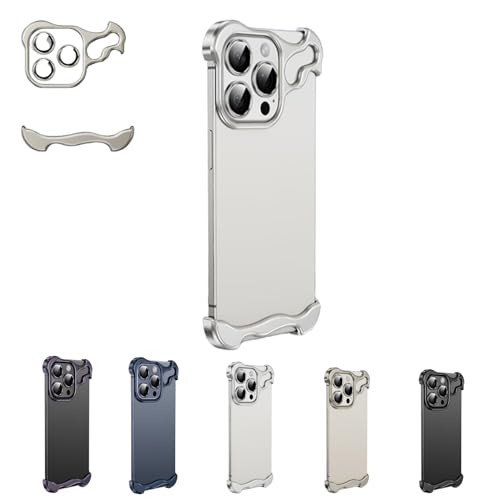 Special-Shaped Metal Corner Pad Anti-Fall Phone Case for iPhone 15 14 13 Pro Max, Lens Film Naked Frameless Slim Thin Bare Metal Feel (for iPhone 15Pro,Silver) von Rejckims