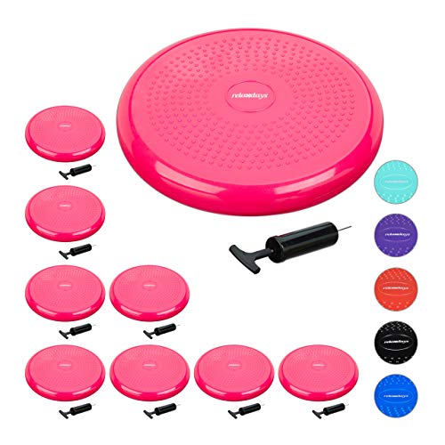 9 x Balance Kissen, 140 kg Maximalgewicht, Balance Pad mit Luftpumpe, Ballsitzkissen mit Noppen, Fitness Kissen, pink von Relaxdays