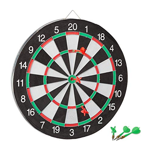 Relaxdays Dartscheibe Board X1 mit Pfeilen, 43 cm, 6 x Pfeile, zweiseitig, Steeldarts, Dartboard klassisch, schwarz-weiß von Relaxdays