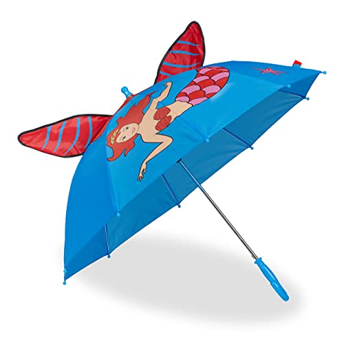 Relaxdays Regenschirm Kinder, 3D Motiv Meerjungfrau, Kinderregenschirm Mädchen, Ø 78 cm, kleiner Stockschirm, blau/rot von Relaxdays