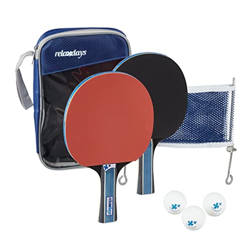 Relaxdays Tischtennis Set, Hülle mit Tischtennis-Netz, 2 Holzschläger, 3 Ping Pong Bälle, Mini Tischtennis, schwarz-rot von Relaxdays