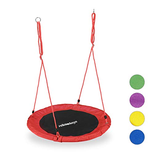 Relaxdays Unisex – Erwachsene, rot Nestschaukel, rund, für Kinder & Erwachsene, verstellbar, Ø 90 cm, Garten Tellerschaukel, bis 100 kg, H x D: ca. 5 x 90 cm von Relaxdays