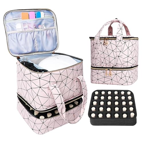 Nagellack Organizer Tasche,PU Kosmetiktasche, Doppellagige Tragbare Reise Schminktasche Damen, Nagellack Organizer Mit Fächern Für 30 Flaschen Und Nagellampe,Make Up Kosmetikkoffer Tasche 24,5x21x26CM von Renopfect