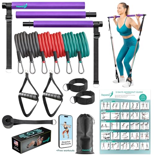 Premium Pilates Bar Kit mit Widerstandsbändern – Tragbares Heim-Fitnessstudio – Gedehnte Fusion Pilates Bar zu Hause Workout-Ausrüstung Frauen und Männer mit Workout-Videos von Repston