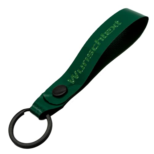 Schlüsselanhänger mit Name Wunschname personalisiert individuell aus LKW Planenstoff farbig Dunkel Grün von Reskey