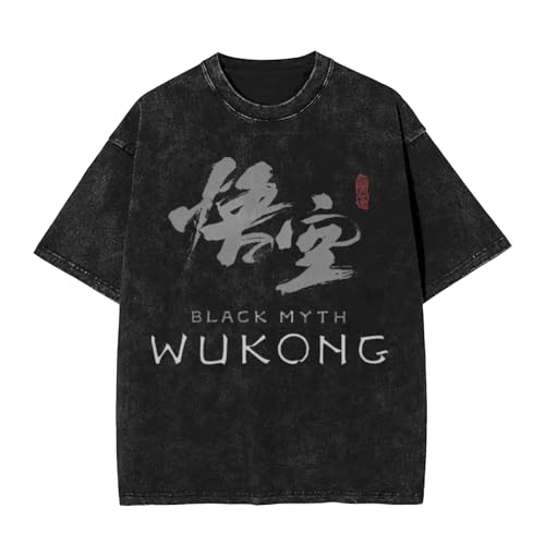 Gewaschenes T-Shirt Black Myth T-Shirt Wukong Streetwear Neuheit T-Shirts 3A Videospiel Tees Tops Männer Frauen Kurzarm Übergröße Sommer-Black||S von Respeto