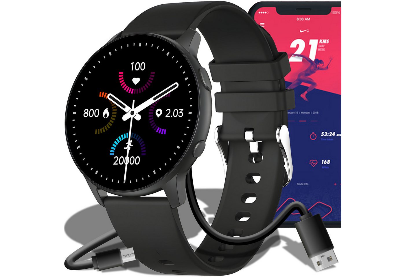 Retoo Bluetooth Pulsuhr Gesundheit Fitness Tracker Sport Schwarz Smartwatch, Smartwatch Bedienungsanleitung Aufladekabel Displayschutzfolie, Gesundheitsüberwachung, Aktivitätstracking, Vielseitigkeit von Retoo