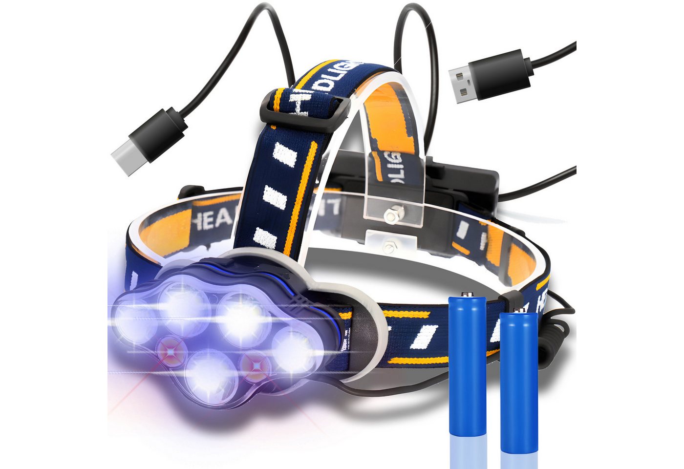 Retoo LED Stirnlampe LED Stirnlampe Kopflampe Scheinwerfer Wiederaufladbar Akku CREE XML (set, Kopf-Taschenlampe, 2 wiederaufladbare Batterien, USB-Kabel), Vielseitigkeit, Hervorragende Sichtbarkeit, Bequemer Gebrauch von Retoo