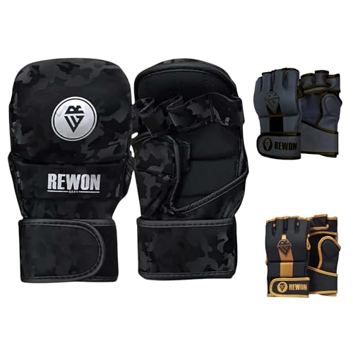 Rewon MMA Handschuhe - Sparring Grappling Handschuh - Hybrid Palm Martial Arts Fäustlinge Männer Frauen Maya Hide Leder Handgelenkstütze (Schwarz, L/XL) von Rewon Gear
