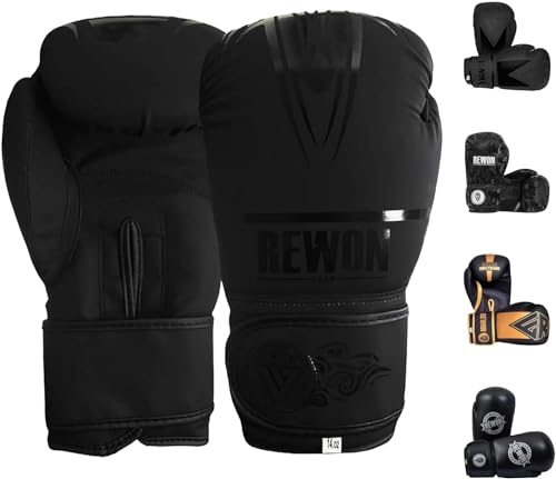 REWON Boxhandschuhe - Muay Thai Handschuhe 8oz-16oz für Männer und Frauen Kickboxen Sparring Kampfsport Fitness MMA Boxsack Sandsack (Schwarz/Schwarz 02, 14oz) von REWON GEAR