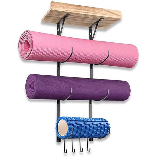 Schweberegal aus Holz, Yogamattenhalter, Wandhalterung aus Metall mit 4 Haken für Heim-Fitness-Dekoration und Organisation von RiToEasysports