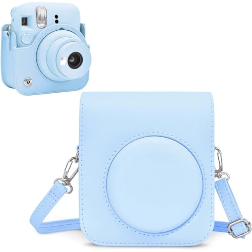 Rieibi Tasche für instax Mini 12 – PU Leder Schutzhülle für instax Mini 12 Sofortbildkamera mit verstellbarem Schultergurt – Blau von Rieibi