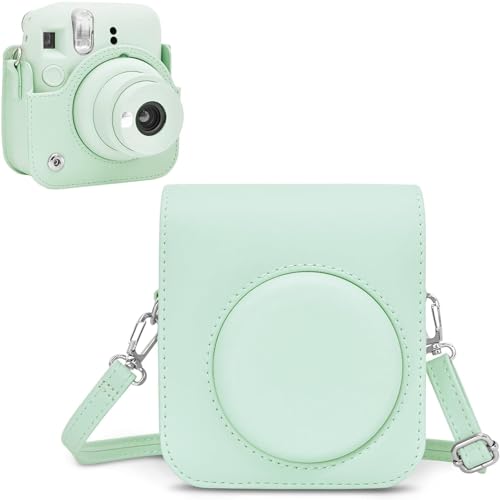 Rieibi Tasche für Fuji Instax Mini 12 – PU Leder Polaroid Schutzhülle für Fujifilm Instax Mini 12 Sofortbildkamera mit verstellbarem Schultergurt – Grün von Rieibi