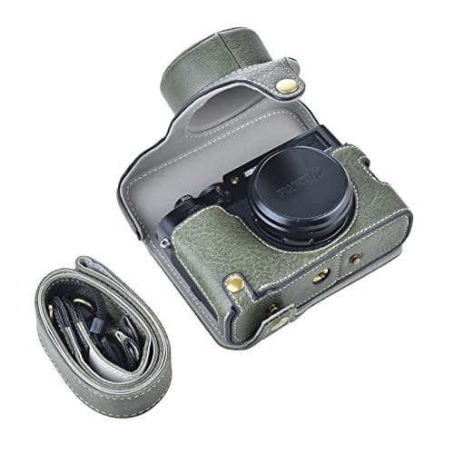 Rieibi X100V Tasche - Retro Ledertasche für Fujifilm X100V Digitalkamera - Schutzhülle mit Trageriemen und Grifftasche - Grün von Rieibi