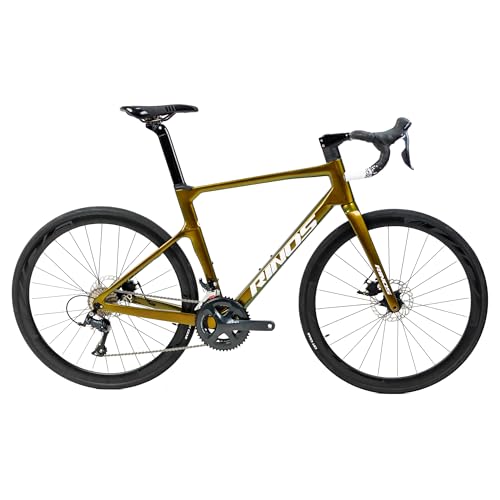 Rinos Odin 1 Rennrad aus Carbon – Leichtes Road Bike 700C, Sora 18-Gang, Aerodynamisches Design, Scheibenbremsen, Unisex (Gold, XL (58cm)) von Rinos