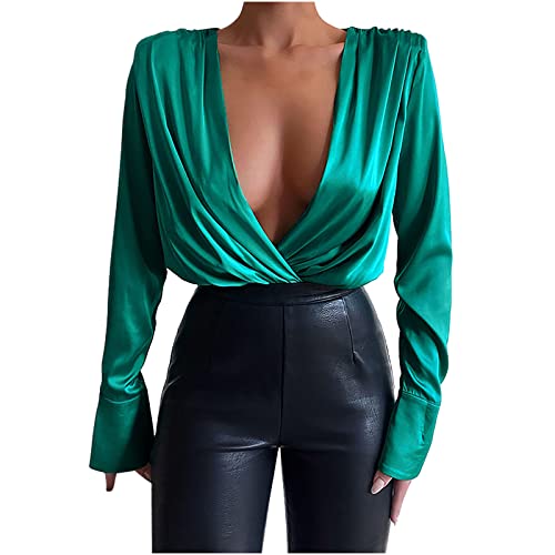 Rioge Langarmshirt Damen Sexy Shirts Bluse Tiefer V-Ausschnitt Oberteil mit Schulterpolster Einfarbig Slim Plissiertes Langarmshirt Oberteile für Frauen Rioge Langarmshirt Damen Sexy Shirts Bluse Tiefer V-Ausschnitt Oberteil mit Schulterpolster Einfarbig Slim Plissiertes Langarmshirt Oberteile für Frauen von WELLDAY