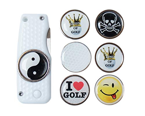 RoLoGOLF Pitchgabel weiß aufklappbar incl. 1 Golfball Marker mit Motiv (Yin und Yang) von RoLoGOLF