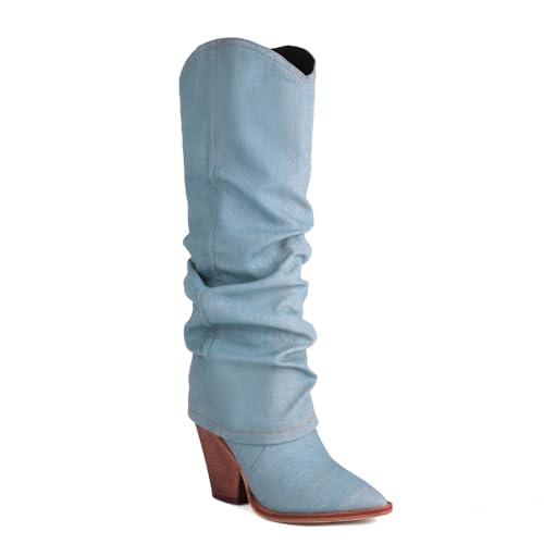 Rock88 Damen-Jeansstiefel mit Hohen Absätzen,Hohe Stiefel mit Blockabsatz,Kniehohe Stiefel für Abschlussfeiern und Hochzeitsfeiern,Blue2,35 von Rock88