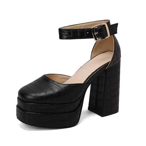 Rock88 Damen Plateau Schuhe, Blockabsatz Schuhe mit Verstellbarem Fesselriemen,Pumps mit Quadratischer Zehenpartie für Hochzeiten und Konzerte,Black,46 von Rock88