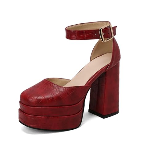 Rock88 Damen Plateau Schuhe, Blockabsatz Schuhe mit Verstellbarem Fesselriemen,Pumps mit Quadratischer Zehenpartie für Hochzeiten und Konzerte,Red,40 von Rock88