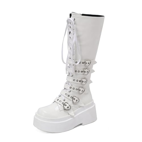 Rock88 Damen-Plateaustiefeletten,Schnürstiefel mit dekorativen Schnallen,Kniehohe Stiefel mit Seitlichem Reißverschluss für Festivals und Partys,White,34 von Rock88