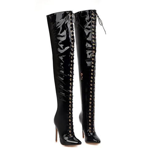 Rock88 Damen-Schnürstiefel,Overknee-Stiefel mit Stilettoabsatz und Seitlichem Reißverschluss,Lange Stiefel für Hochzeit und Party,Black,48 von Rock88