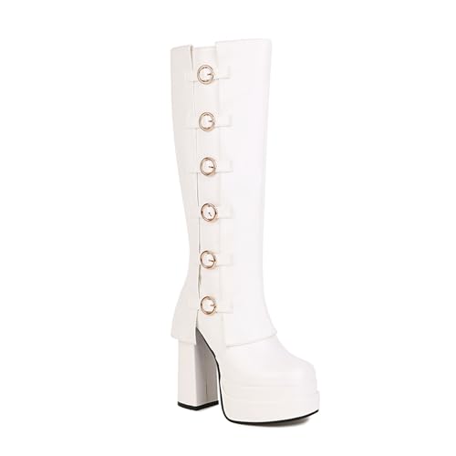 Rock88 Damen Stiefel mit Hohen Absätzen,Kniehohe Stiefel mit Schnallen Design,Plateaustiefel mit Klobigem Absatz für Konzerte und Partys,White,42 von Rock88