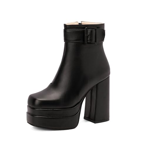 Rock88 Damen Stiefeletten,Kurze Stiefel mit Reißverschluss und Schnallen Dekor,Plateaustiefel mit klobigem Absatz für lässige Spaziergänge und Tanzen,Black,45 von Rock88