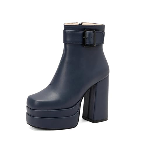 Rock88 Damen Stiefeletten,Kurze Stiefel mit Reißverschluss und Schnallen Dekor,Plateaustiefel mit klobigem Absatz für lässige Spaziergänge und Tanzen,Blue,39 von Rock88