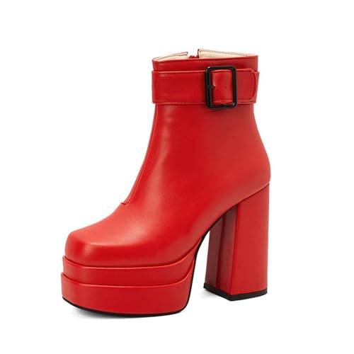 Rock88 Damen Stiefeletten,Kurze Stiefel mit Reißverschluss und Schnallen Dekor,Plateaustiefel mit klobigem Absatz für lässige Spaziergänge und Tanzen,Red,36 von Rock88