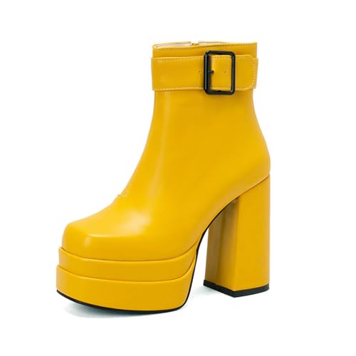 Rock88 Damen Stiefeletten,Kurze Stiefel mit Reißverschluss und Schnallen Dekor,Plateaustiefel mit klobigem Absatz für lässige Spaziergänge und Tanzen,Yellow,44 von Rock88