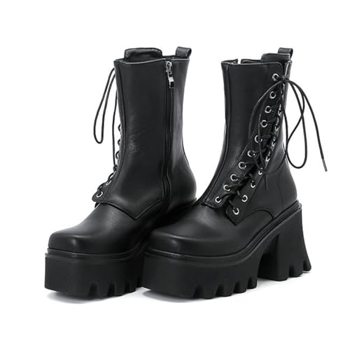 Rock88 Damen Stiefeletten,Plateau Stiefel mit Schnürung und Seitlichem Reißverschluss,Stiefel mit Klobigem Absatz für Gesellschaftliche Anlässe oder Partys,Black,41 von Rock88