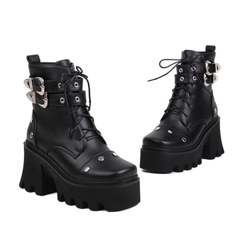 Rock88 Damen Stiefeletten,Schnürstiefel mit Verstellbaren Gürtelschnallen,Plateaustiefel mit Klobigem Absatz für die Arbeit oder zum Erkunden,Black,36 von Rock88