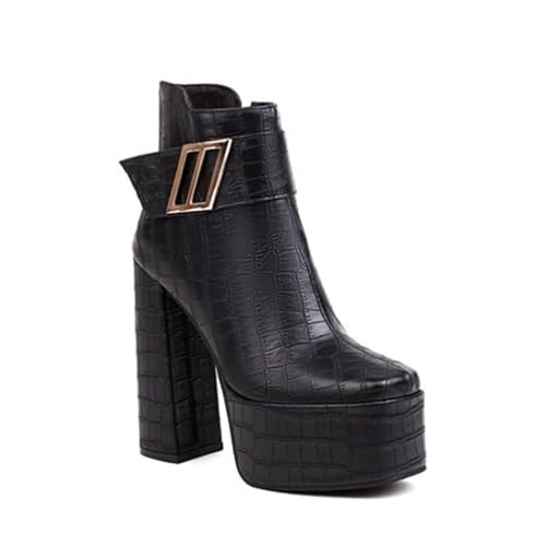 Rock88 Damen Stiefeletten mit Hohem Absatz,Stiefel mit dickem Absatz, Gürtelschnalle und Seitlichem Reißverschluss,Plateaustiefel für Herbst und Winter,Black,37 von Rock88