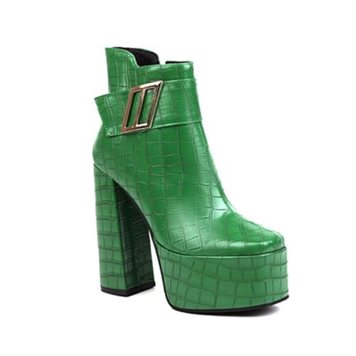 Rock88 Damen Stiefeletten mit Hohem Absatz,Stiefel mit dickem Absatz, Gürtelschnalle und Seitlichem Reißverschluss,Plateaustiefel für Herbst und Winter,Green,41 von Rock88