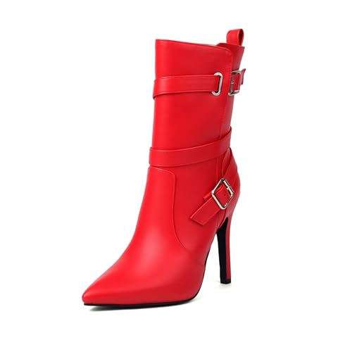 Rock88 Damen Stiefeletten mit Hohen Absätzen,Kurze Stiefel mit Schnallenriemen,Herbst-Winterstiefel mit Seitlichem Reißverschluss für Partys,Red,39 von Rock88