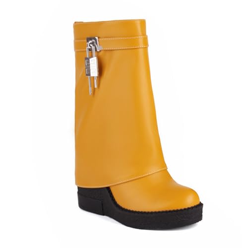 Rock88 Damenstiefel mit Halbhohem Absatz,Stiefel mit Schlossverzierung,Schlupfstiefel mit Runder Spitze für Freizeit und Spazierengehen,Yellow,39 von Rock88